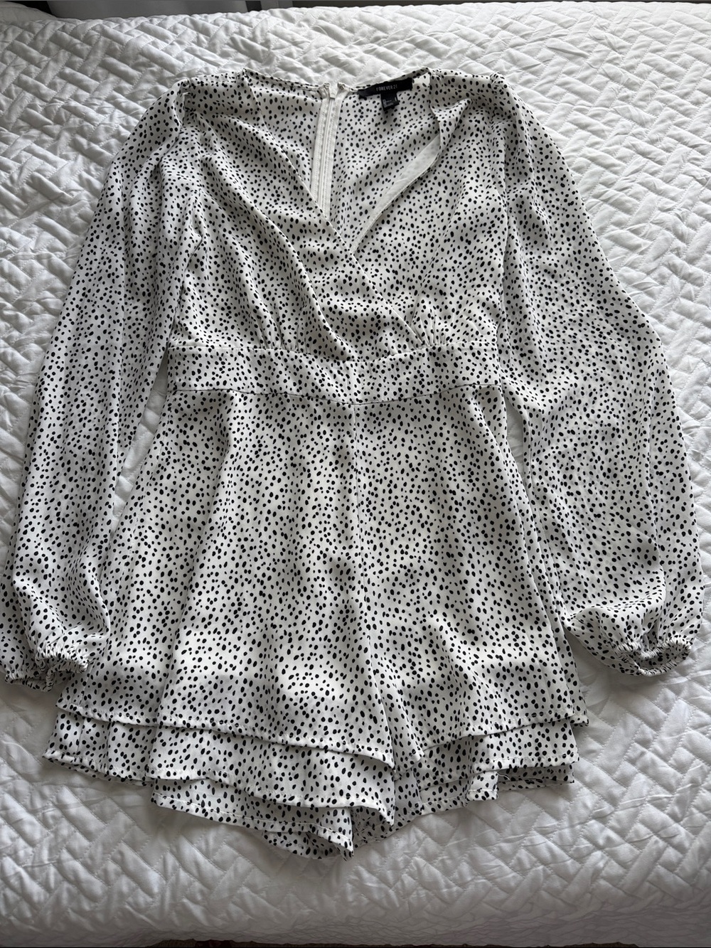 Forever 21 Dalmatian Dot Surplice Romper Long Sleeve/Shorts
